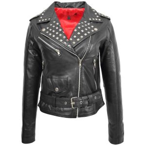 BUNERI Chaqueta Mujer Cuero Tachonada Estilo Brando Negra