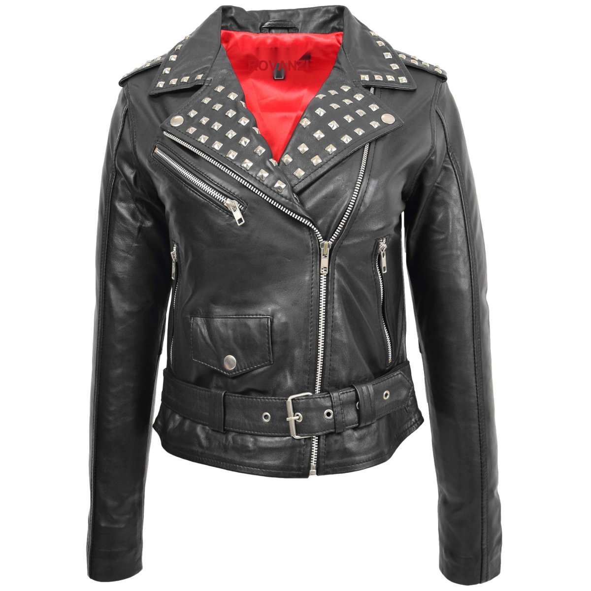 BUNERI Chaqueta Mujer Cuero Tachonada Estilo Brando Negra