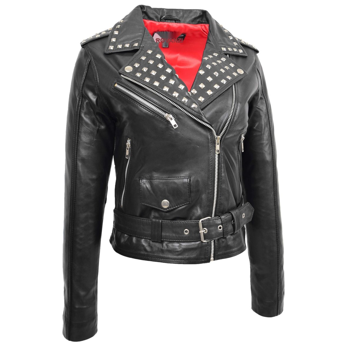 BUNERI Chaqueta Mujer Cuero Tachonada Estilo Brando Negra - Imagen 4