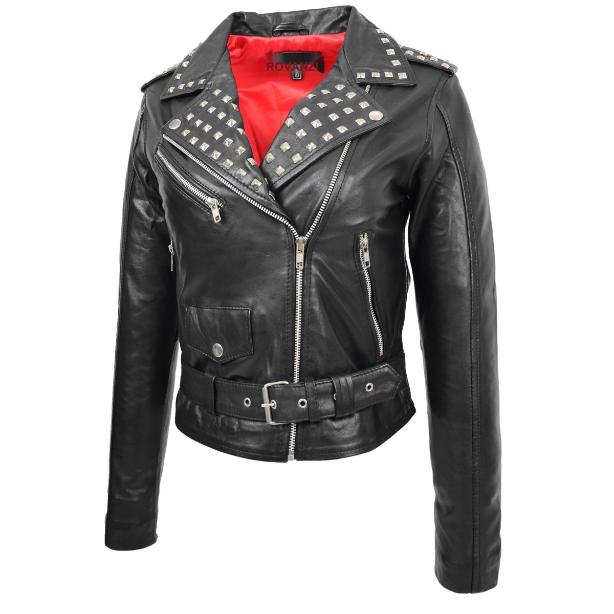BUNERI Chaqueta Mujer Cuero Tachonada Estilo Brando Negra - Imagen 5