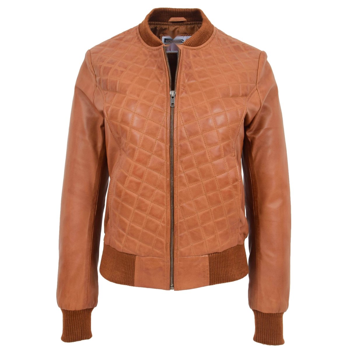 BUNERI Chaqueta Mujer Cuero Bomber Varsity Acolchado Marron Claro - Imagen 4