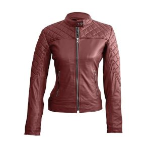 Chaqueta de motociclista elegante de cuero genuino acolchado para mujer