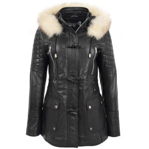 BUNERI Abrigo de Cuero Estilo Duffle Original para Mujer Negro