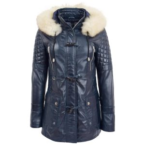 BUNERI Abrigo Mujer Cuero Auténtico Estilo Duffle Azul