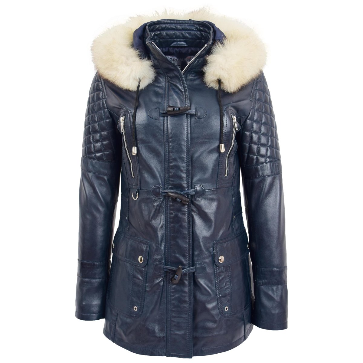 BUNERI Abrigo Mujer Cuero Auténtico Estilo Duffle Azul