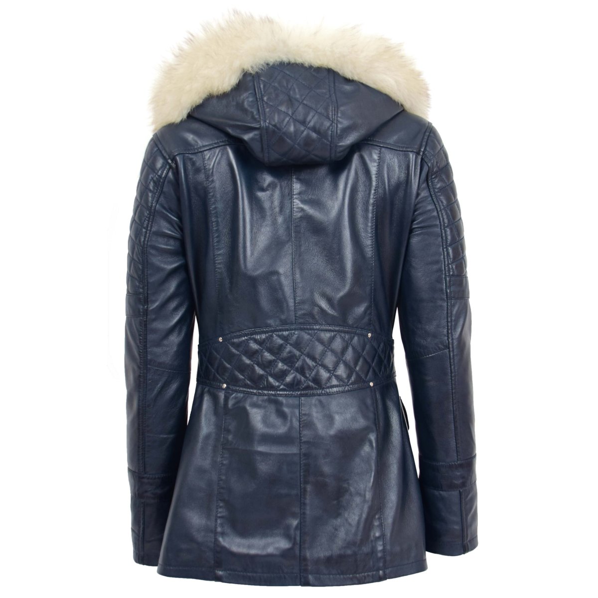 BUNERI Abrigo Mujer Cuero Auténtico Estilo Duffle Azul - Imagen 3