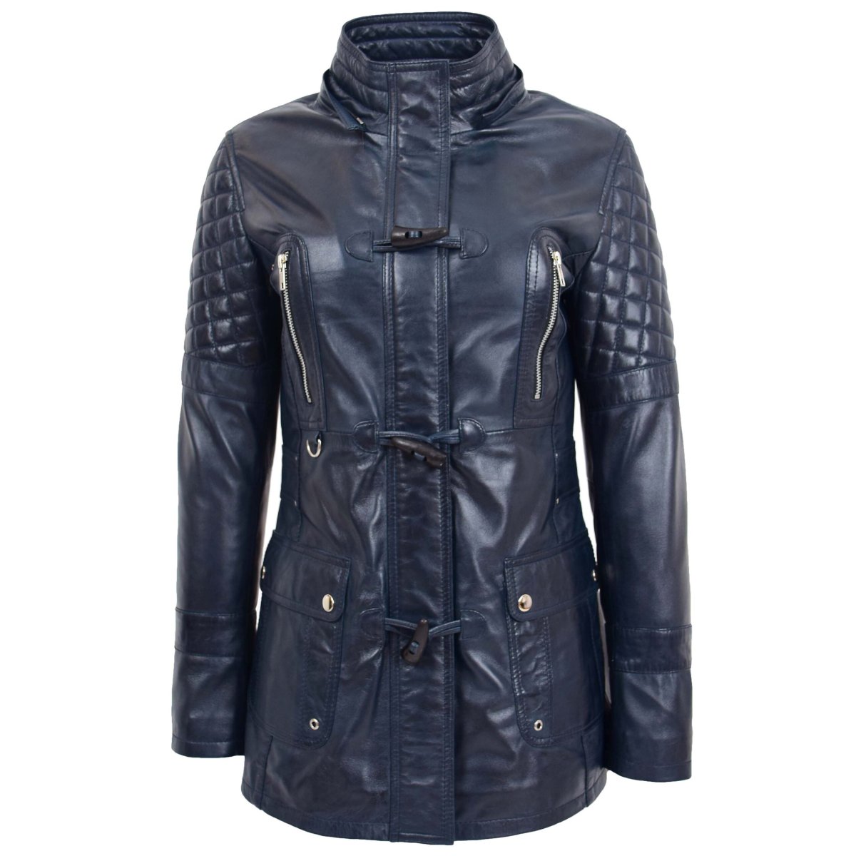 BUNERI Abrigo Mujer Cuero Auténtico Estilo Duffle Azul - Imagen 4