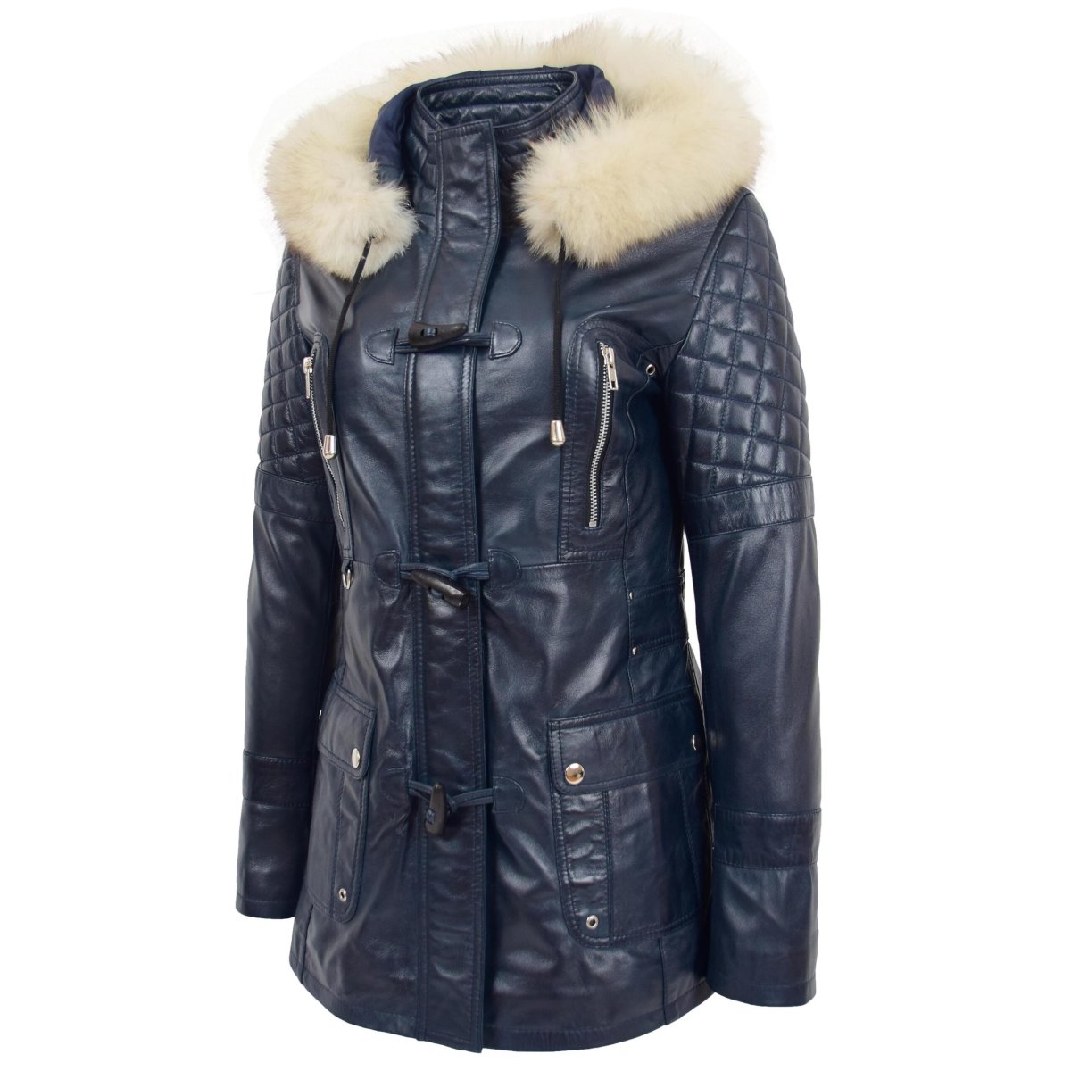 BUNERI Abrigo Mujer Cuero Auténtico Estilo Duffle Azul - Imagen 5