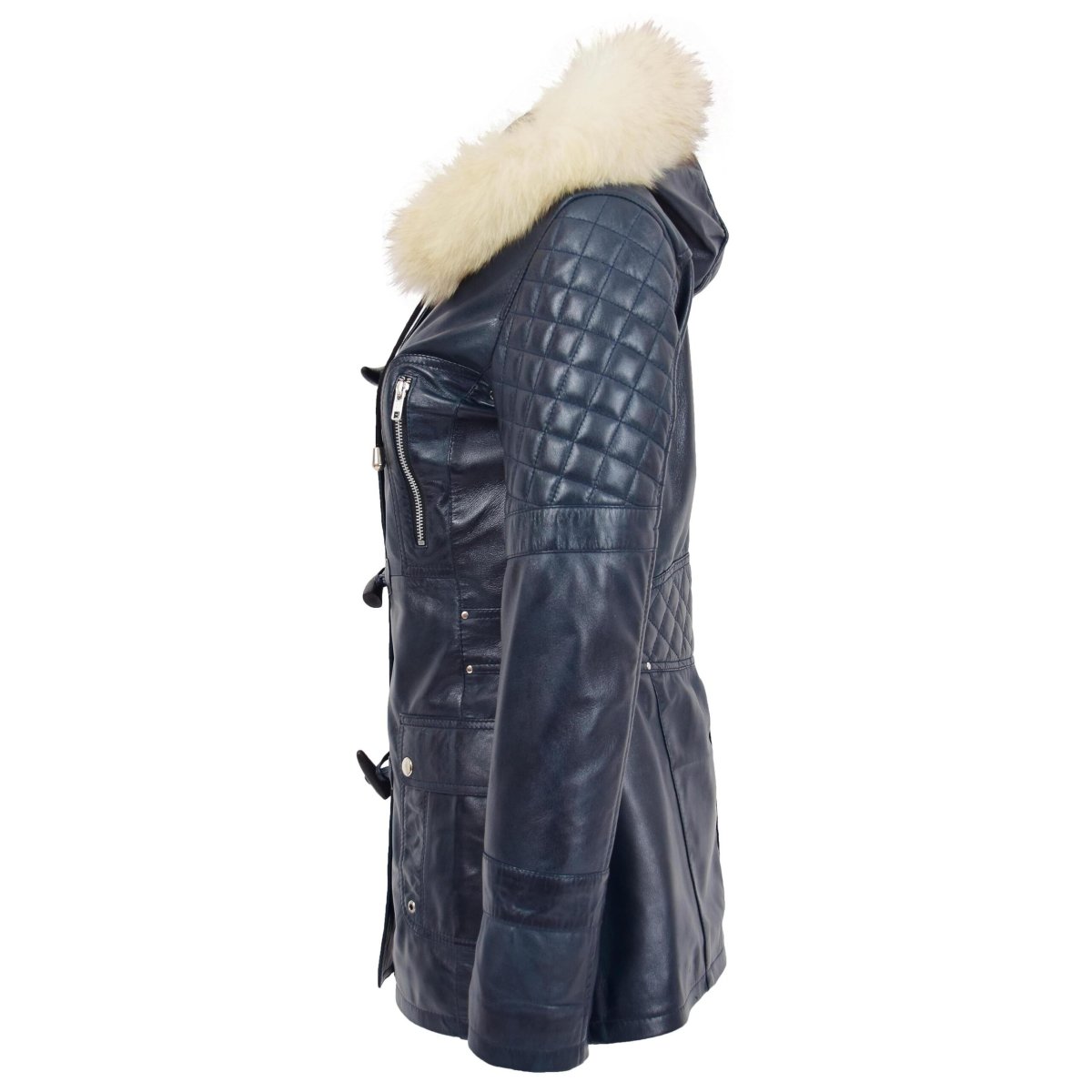 BUNERI Abrigo Mujer Cuero Auténtico Estilo Duffle Azul - Imagen 6