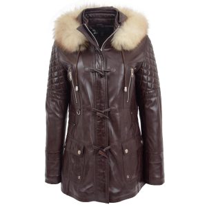 BUNERI Abrigo Estilo Duffle de Cuero Marrón para Mujer