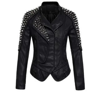 Chaqueta de mujer de cuero auténtico estilo punk con tachuelas