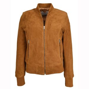 BUNERI Chaqueta Bomber MA-1 de Piel de Ante Auténtica para Mujer – Coñac