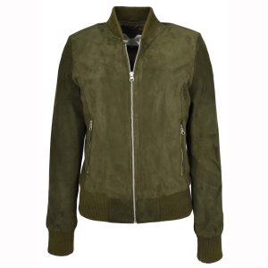 BUNERI Chaqueta Bomber MA-1 de Piel de Ante de Cabra Verde Kaki para Mujer