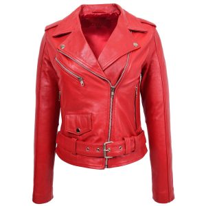 BUNERI Chaqueta Biker de Cuero Auténtico Estilo Brando para Mujer Roja