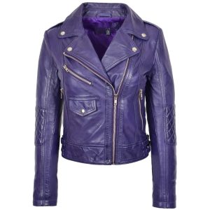 BUNERI Chaqueta Biker Mujer Cuero Auténtico Morado Cremallera