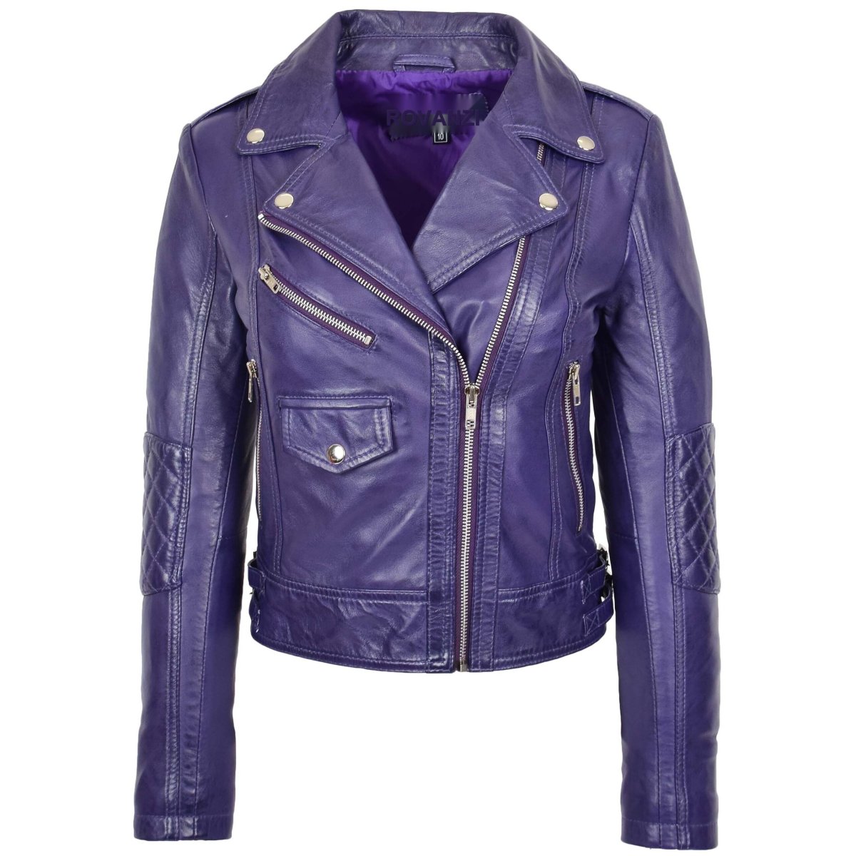 BUNERI Chaqueta Biker Mujer Cuero Auténtico Morado Cremallera - Imagen 2