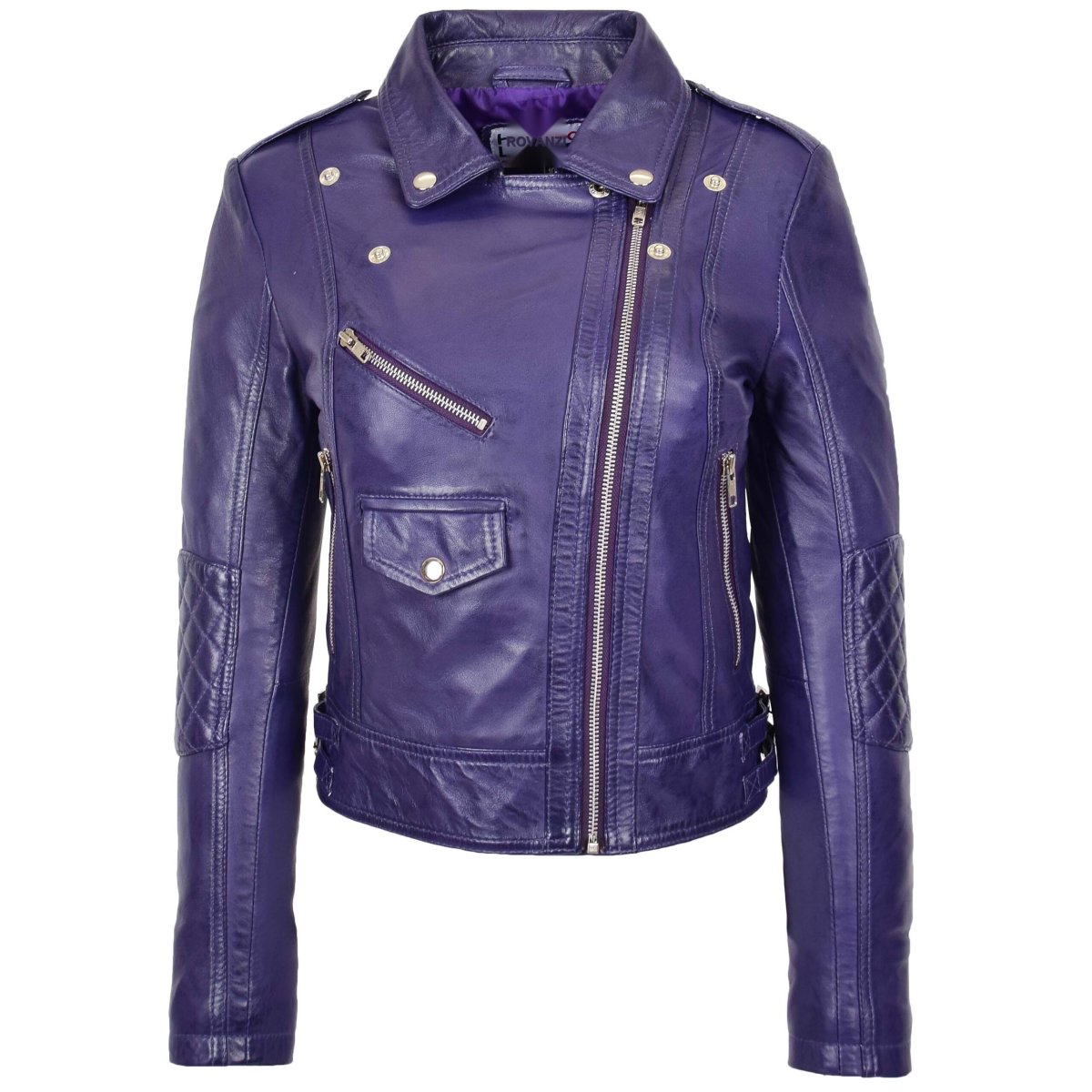 BUNERI Chaqueta Biker Mujer Cuero Auténtico Morado Cremallera - Imagen 4
