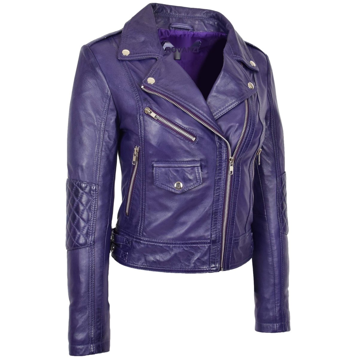 BUNERI Chaqueta Biker Mujer Cuero Auténtico Morado Cremallera - Imagen 5