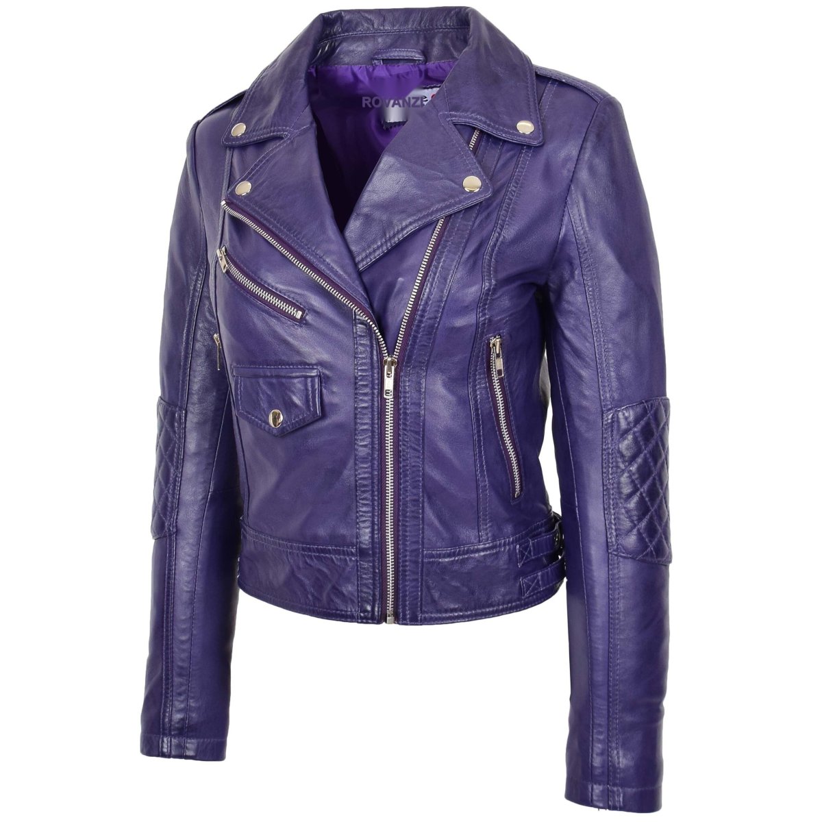 BUNERI Chaqueta Biker Mujer Cuero Auténtico Morado Cremallera - Imagen 6