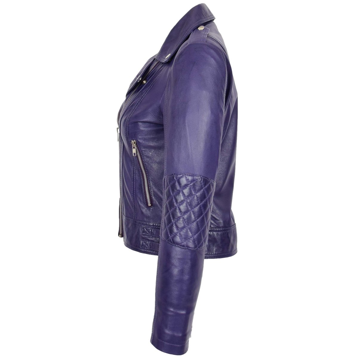 BUNERI Chaqueta Biker Mujer Cuero Auténtico Morado Cremallera - Imagen 7