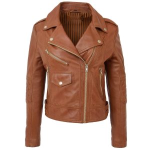 BUNERI Chaqueta Biker de Cuero Tostado para Mujer con Cierre Frontal Cruzado