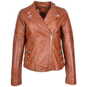 BUNERI Chaqueta Mujer 100% Cuero Real Biker Estilo Cross-Zip Clásico Castaño