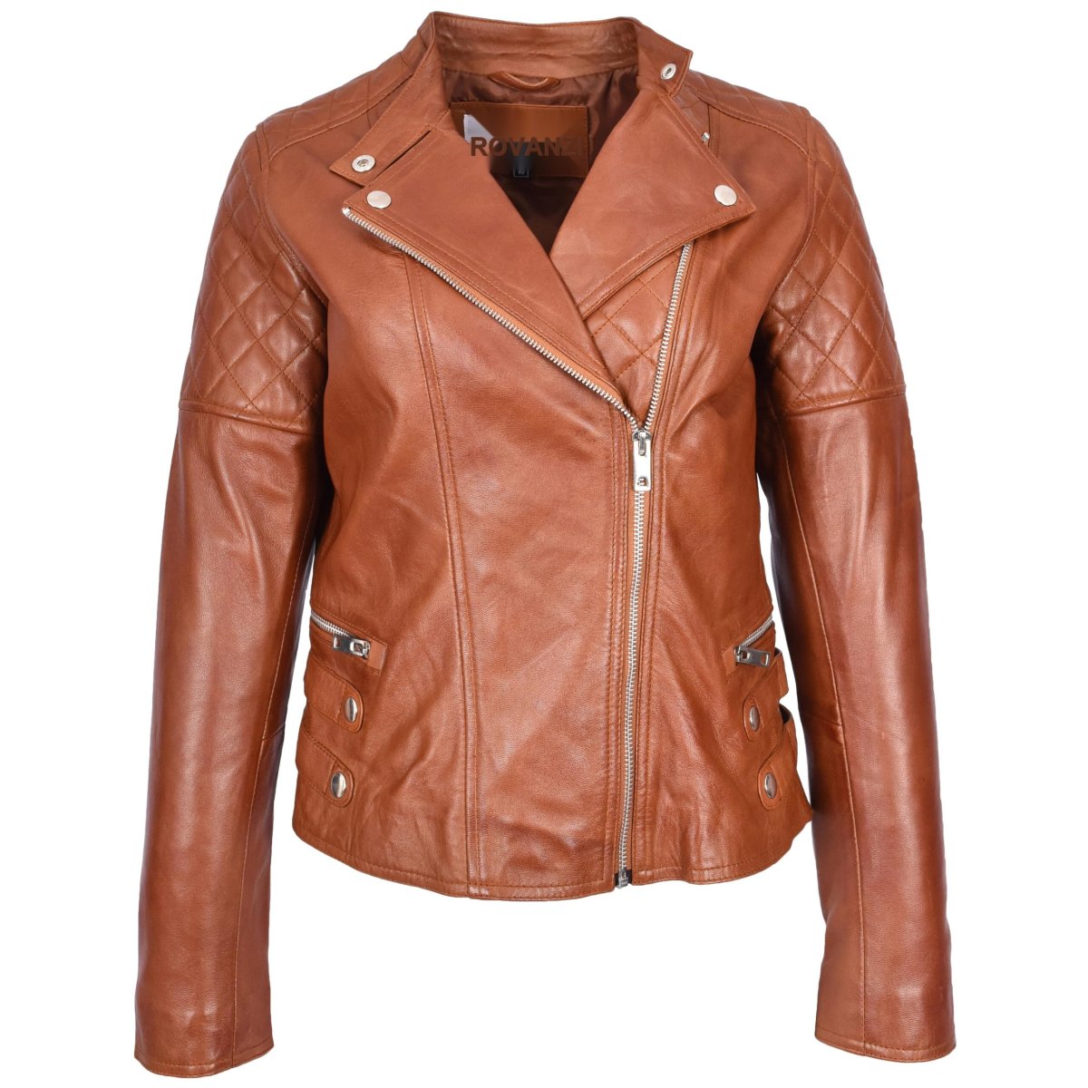 BUNERI Chaqueta Mujer 100% Cuero Real Biker Estilo Cross-Zip Clásico Castaño - Imagen 2
