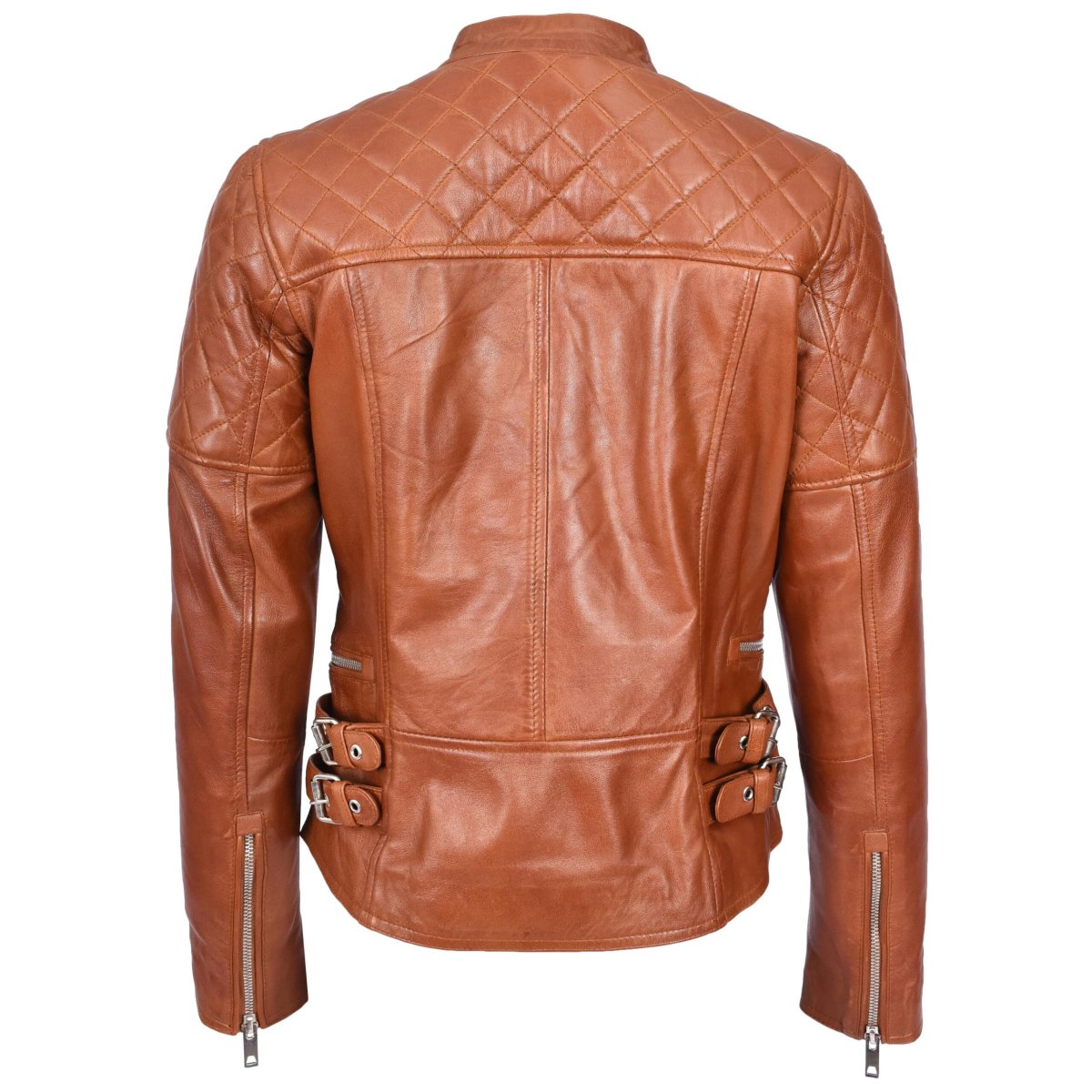 BUNERI Chaqueta Mujer 100% Cuero Real Biker Estilo Cross-Zip Clásico Castaño - Imagen 3