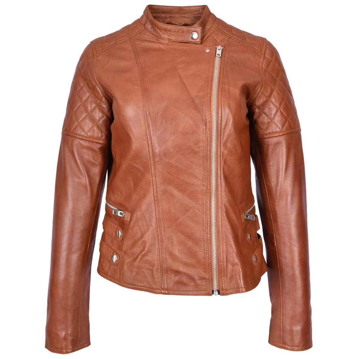 BUNERI Chaqueta Mujer 100% Cuero Real Biker Estilo Cross-Zip Clásico Castaño - Imagen 4