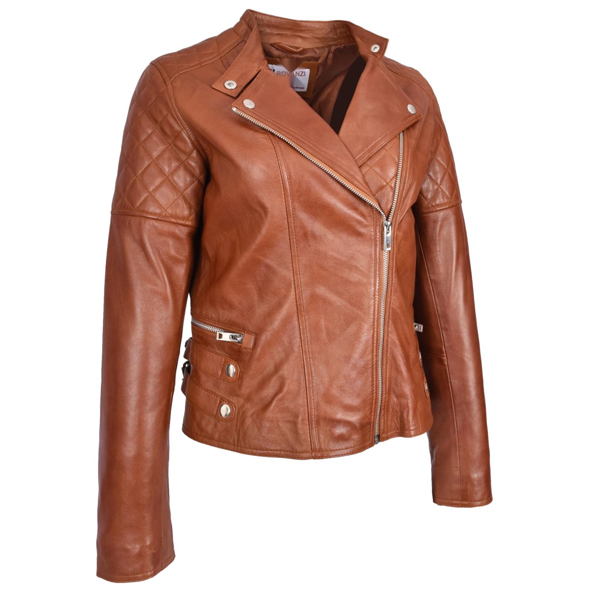 BUNERI Chaqueta Mujer 100% Cuero Real Biker Estilo Cross-Zip Clásico Castaño - Imagen 5