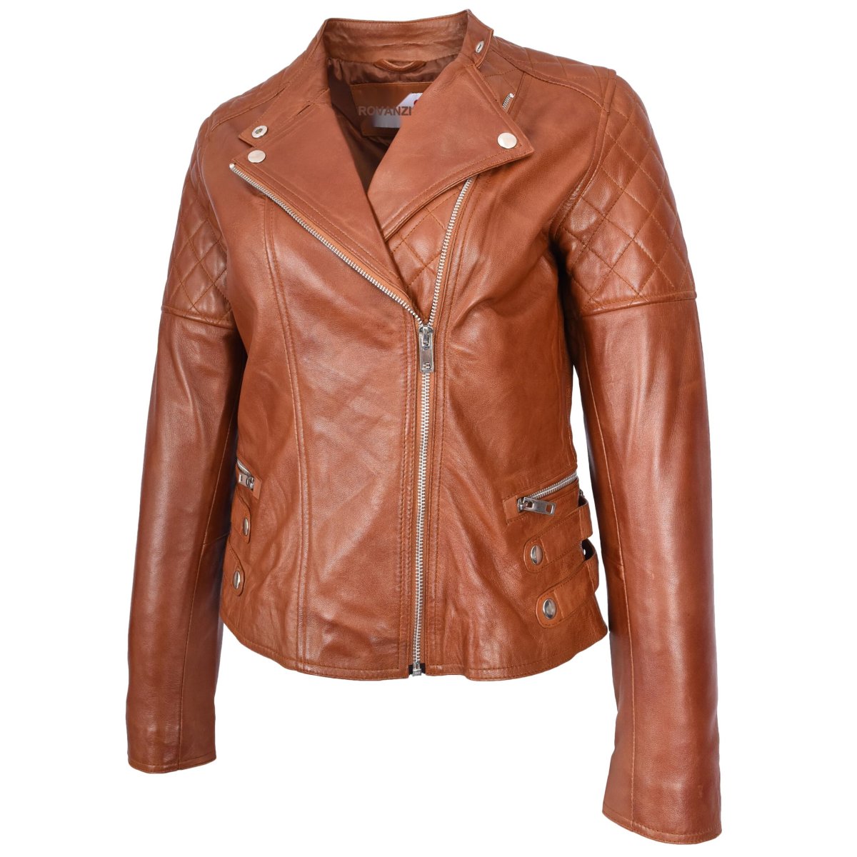 BUNERI Chaqueta Mujer 100% Cuero Real Biker Estilo Cross-Zip Clásico Castaño - Imagen 6