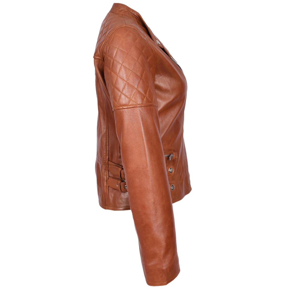 BUNERI Chaqueta Mujer 100% Cuero Real Biker Estilo Cross-Zip Clásico Castaño - Imagen 7