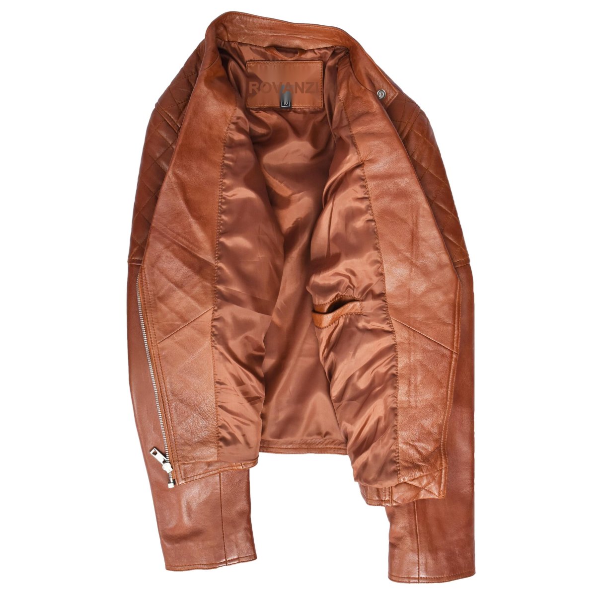 BUNERI Chaqueta Mujer 100% Cuero Real Biker Estilo Cross-Zip Clásico Castaño - Imagen 8