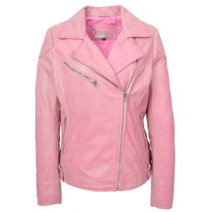 BUNERI Chaqueta Biker para Mujer en Cuero Auténtico Color Cereza