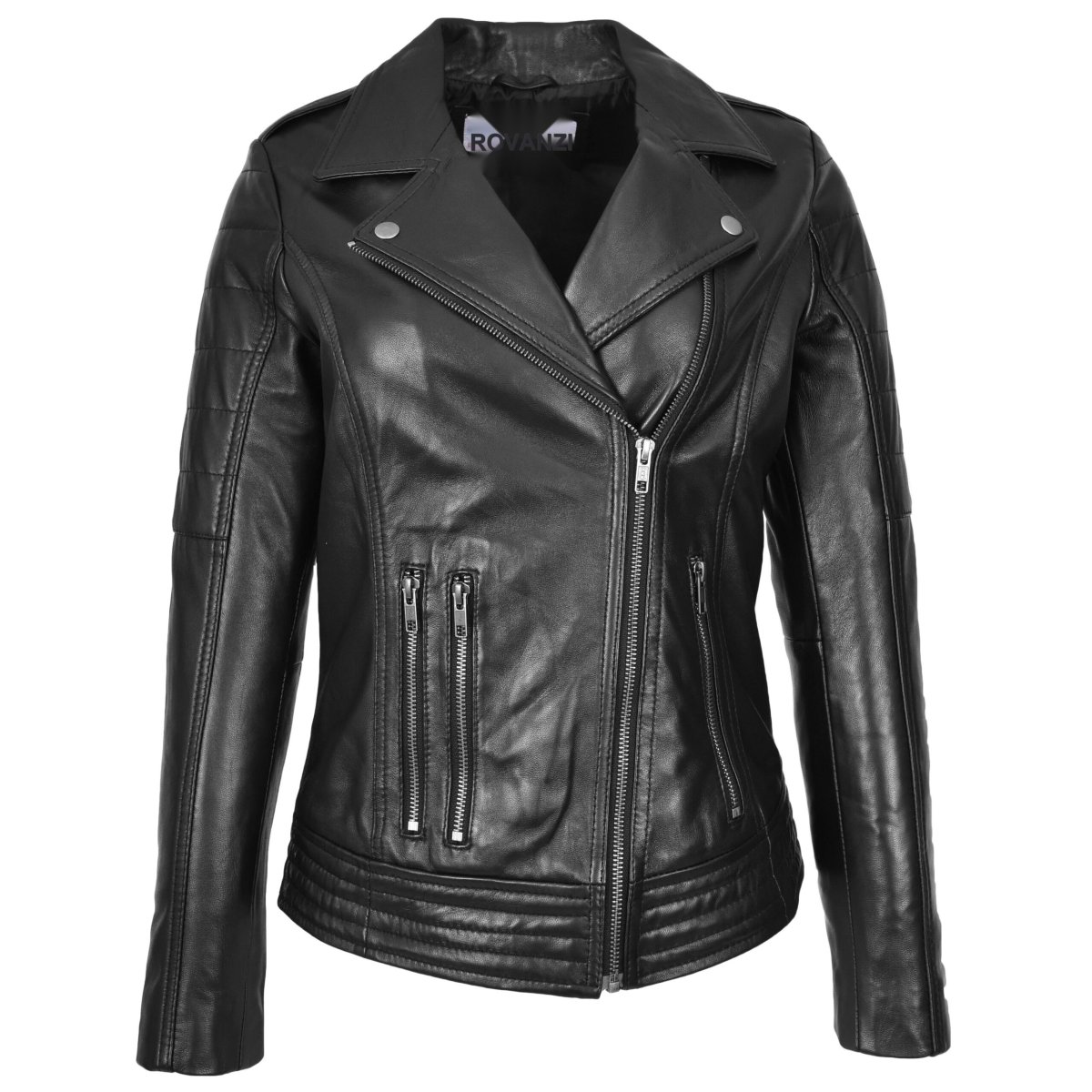 BUNERI Biker Pam Negra de Cuero Auténtico con Cremallera Cruzada