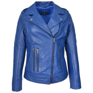 BUNERI Chaqueta Biker de Cuero Auténtico para Mujer en Azul