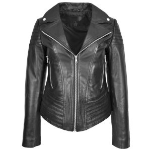 BUNERI Chaqueta Biker para Mujer de Cuero Auténtico Estilo Ajustado