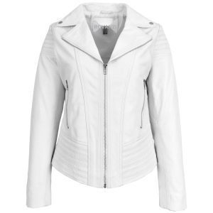 BUNERI Chaqueta Biker de Cuero Auténtico para Mujer en Blanco