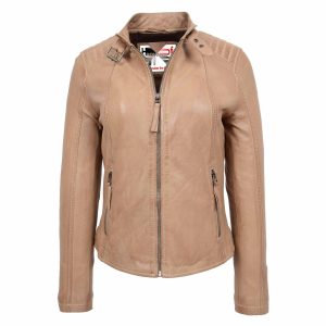 BUNERI Chaqueta Mujer Cuero Auténtico Biker Clásica Beige