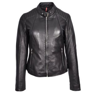 BUNERI Chaqueta Mujer Cuero Real Biker Clásica Negra