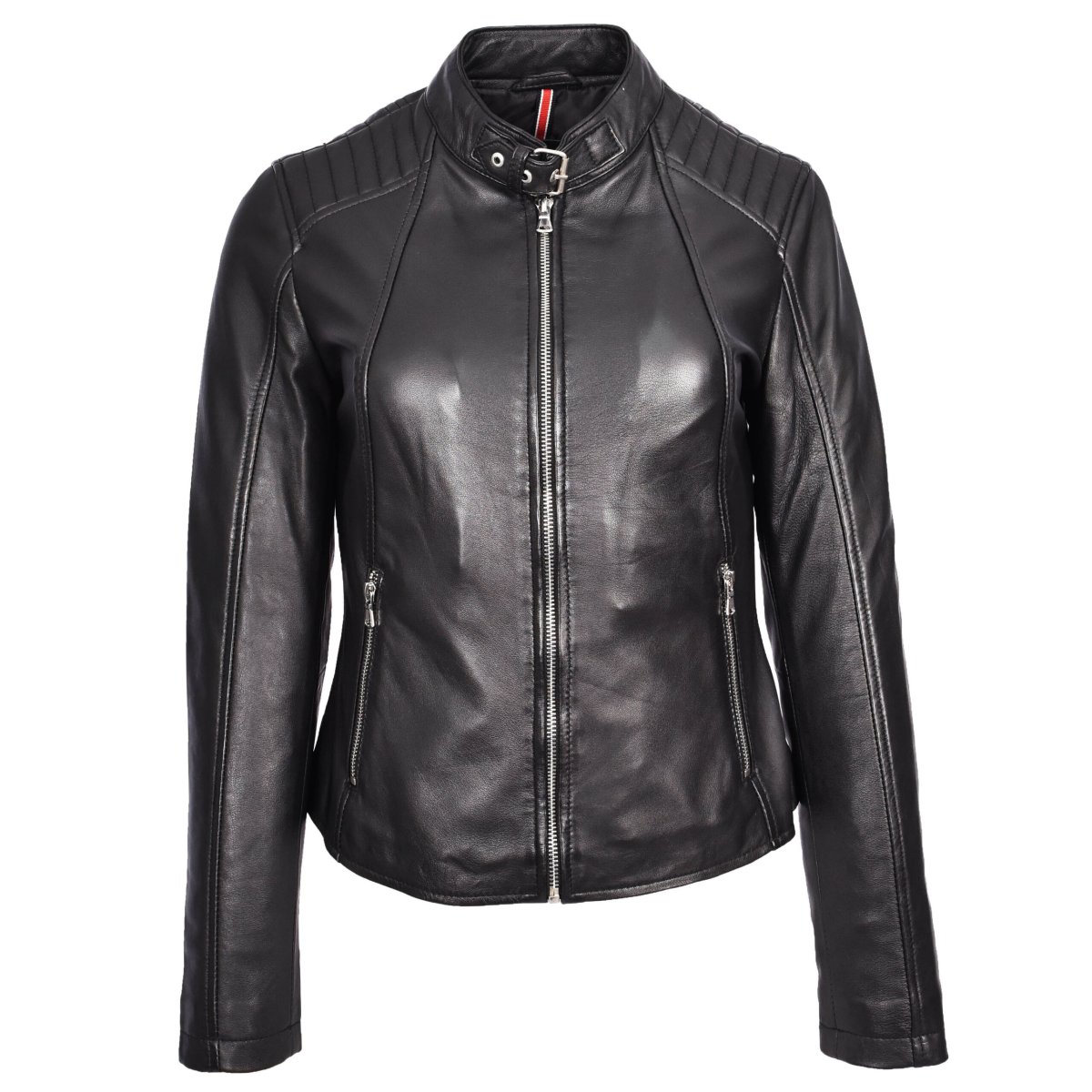 BUNERI Chaqueta Mujer Cuero Real Biker Clásica Negra
