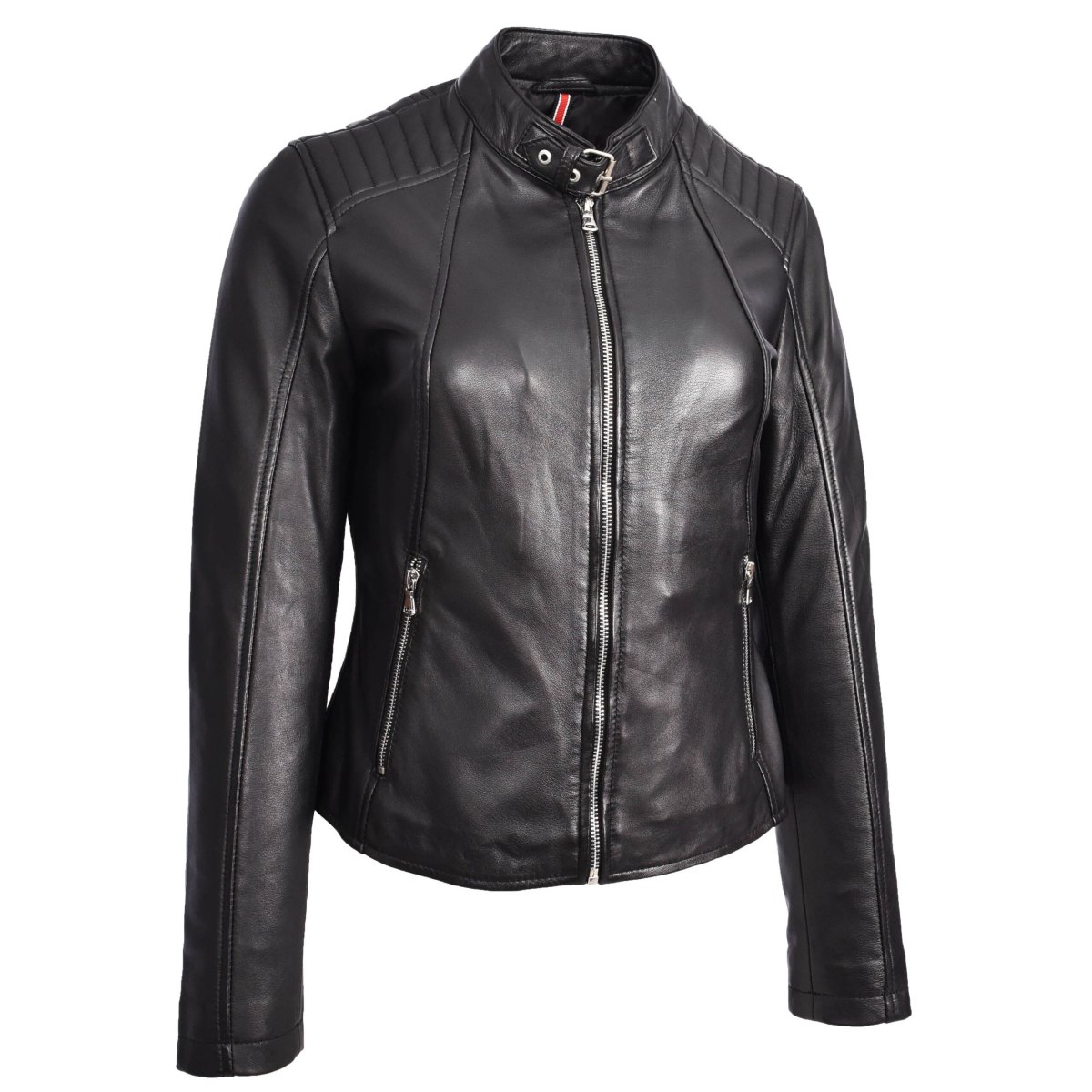 BUNERI Chaqueta Mujer Cuero Real Biker Clásica Negra - Imagen 6