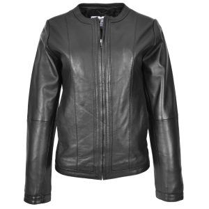 BUNERI Chaqueta de Cuero sin Cuello para Mujer Slim Fit Negra