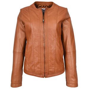 BUNERI Chaqueta de Cuero Tostado para Mujer Slim Fit sin Cuello