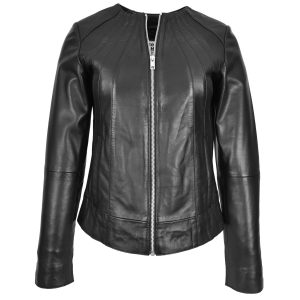 BUNERI Lottie: Chaqueta de Cuero Negra sin Cuello