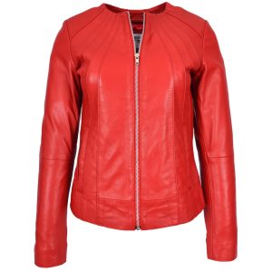 BUNERI Chaqueta de Cuero Real Rojo Sin Cuello Clásica para Mujer
