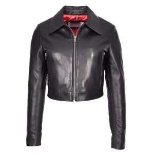 BUNERI Chaqueta Boléro Bustier de Cuero Auténtico para Mujer Negra