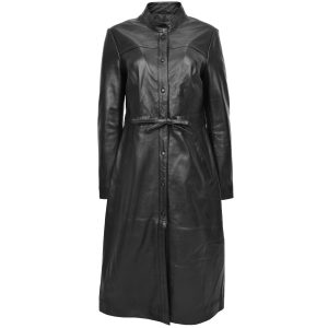 BUNERI Abrigo Largo de Cuero Negro para Mujer