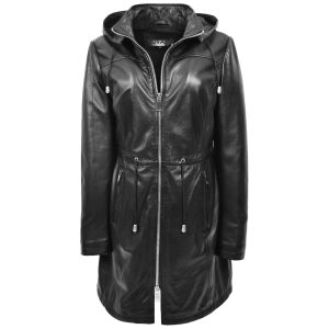 BUNERI Parka de Cuero Auténtico Tyra Negro con Capucha