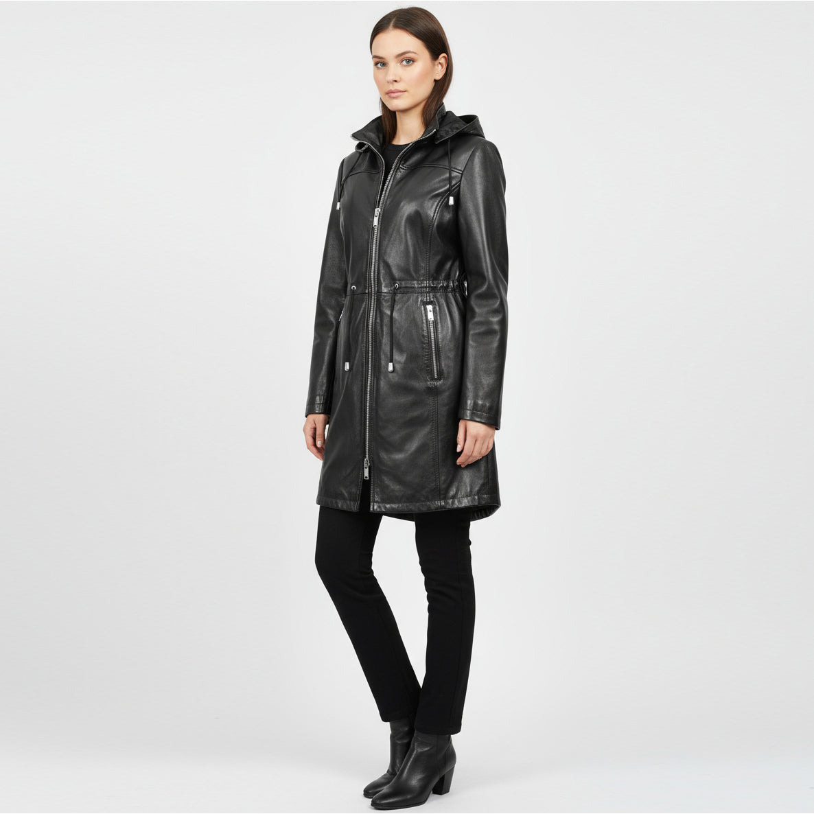 BUNERI Parka de Cuero Auténtico Tyra Negro con Capucha - Imagen 3